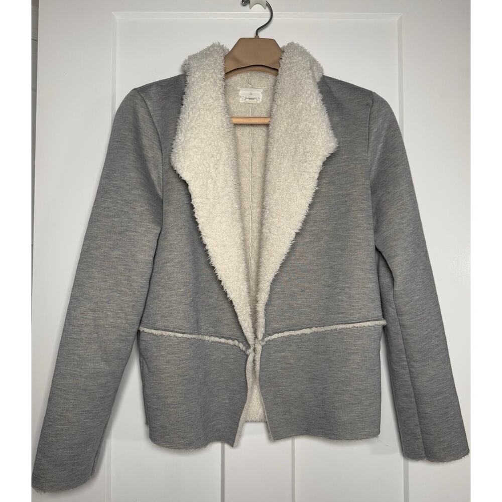 Caslon Soft Cozy Gray White Fleece Open Front Jacket Cardigan Size MED